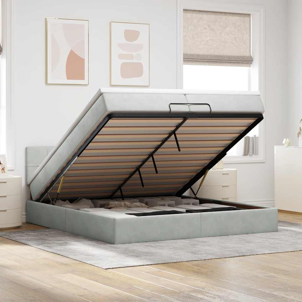 Estrutura cama otomana colchões 200x200cm veludo cinzento claro