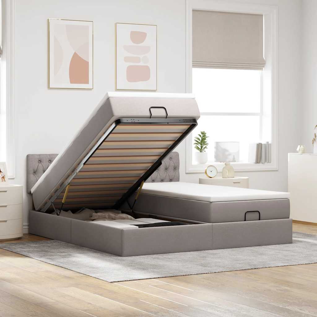 Estrutura cama otomana com colchões tecido cinzento 200x200cm