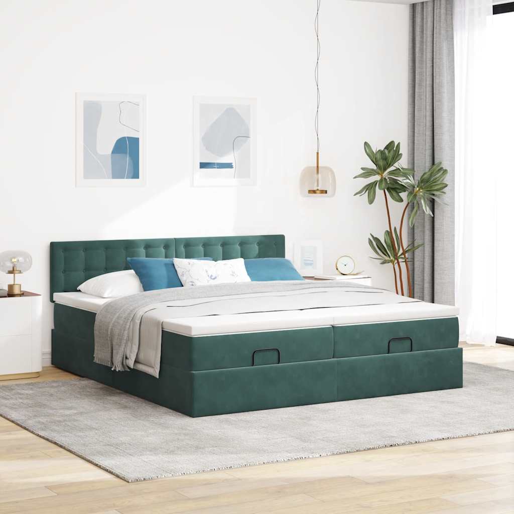Estrutura de cama otomana com colchão verde escuro veludo