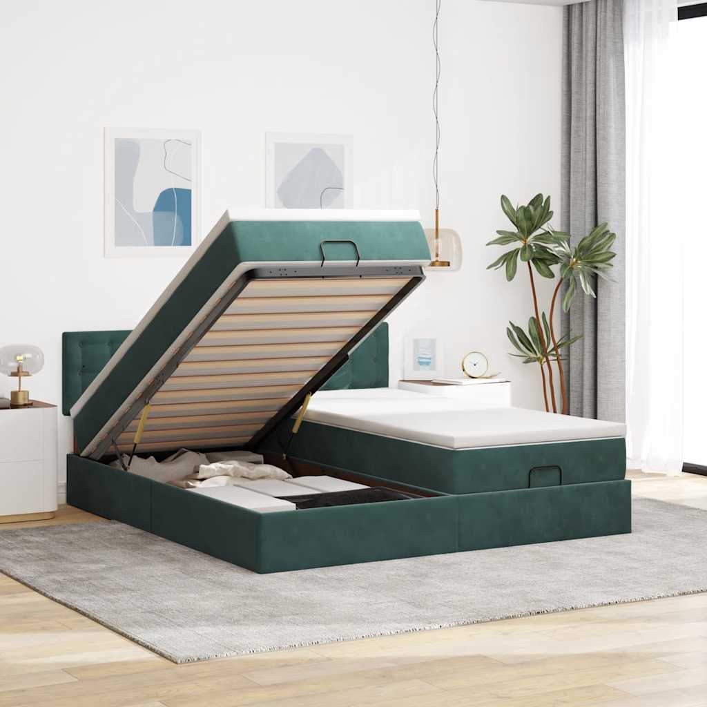 Estrutura de cama otomana com colchão verde escuro veludo
