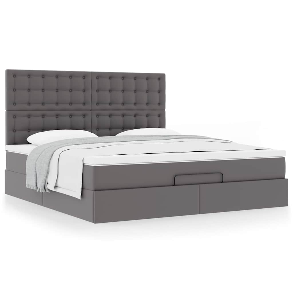 Estrutura de cama otomana com colchão cinza couro falso
