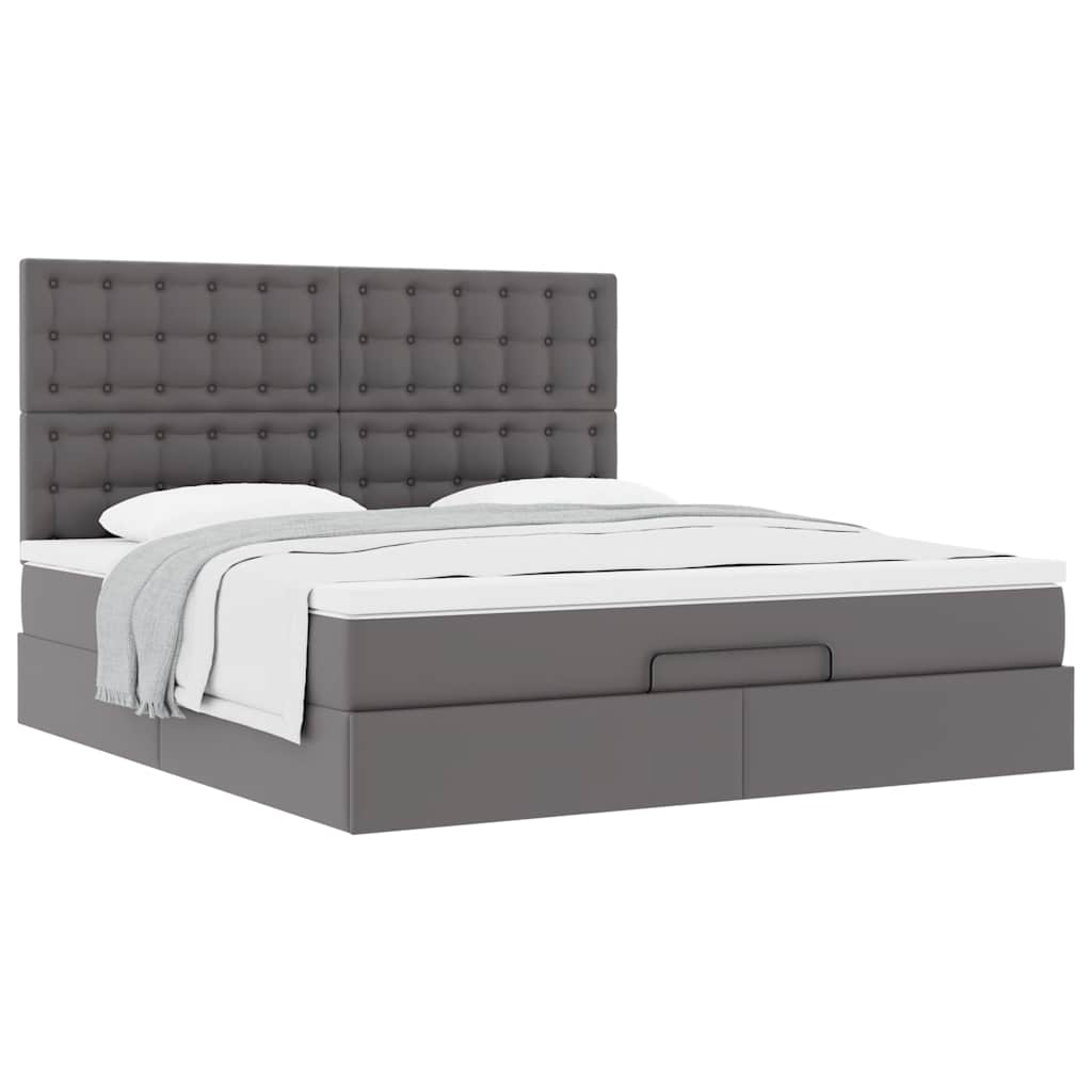 Estrutura de cama otomana com colchão cinza couro falso