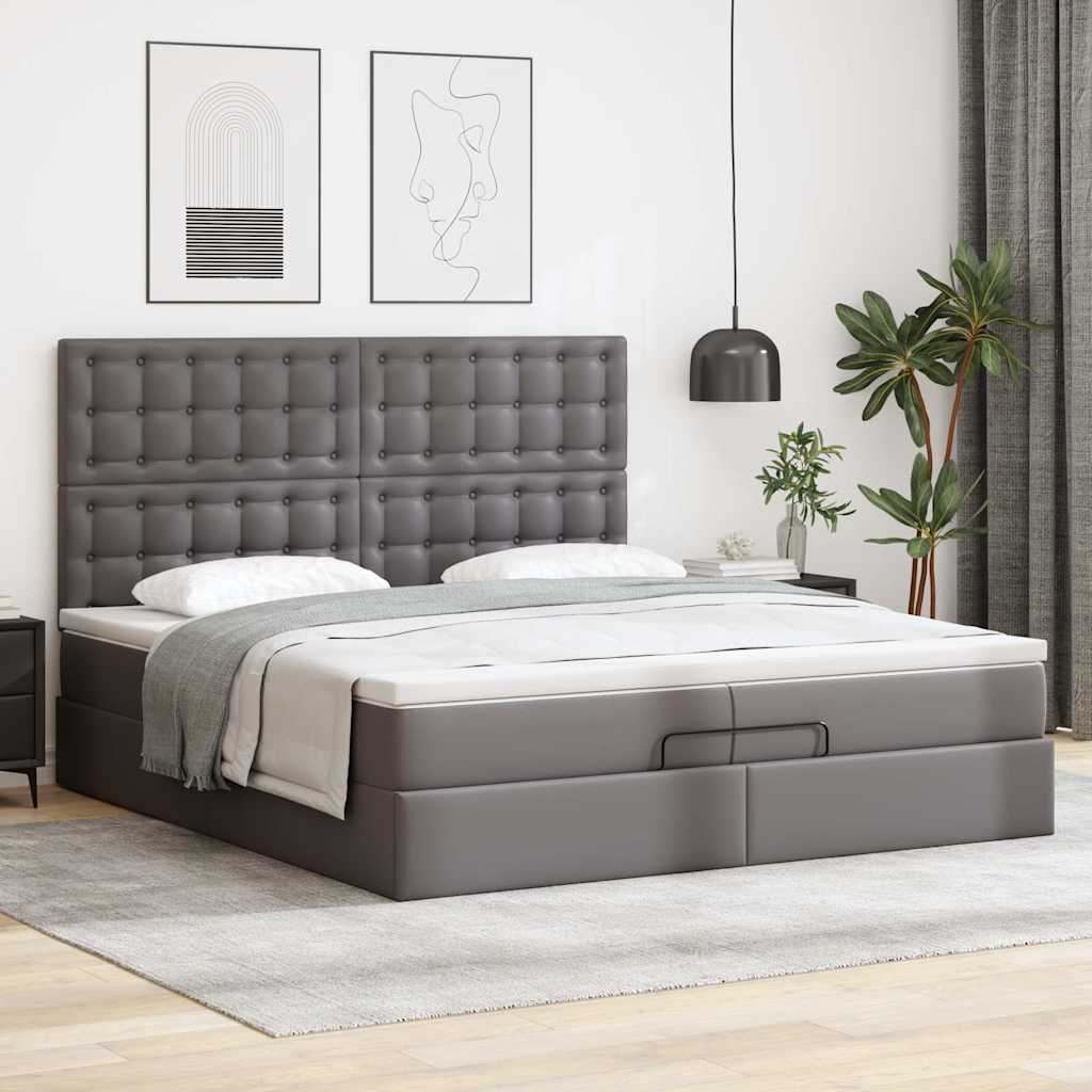 Estrutura de cama otomana com colchão cinza couro falso