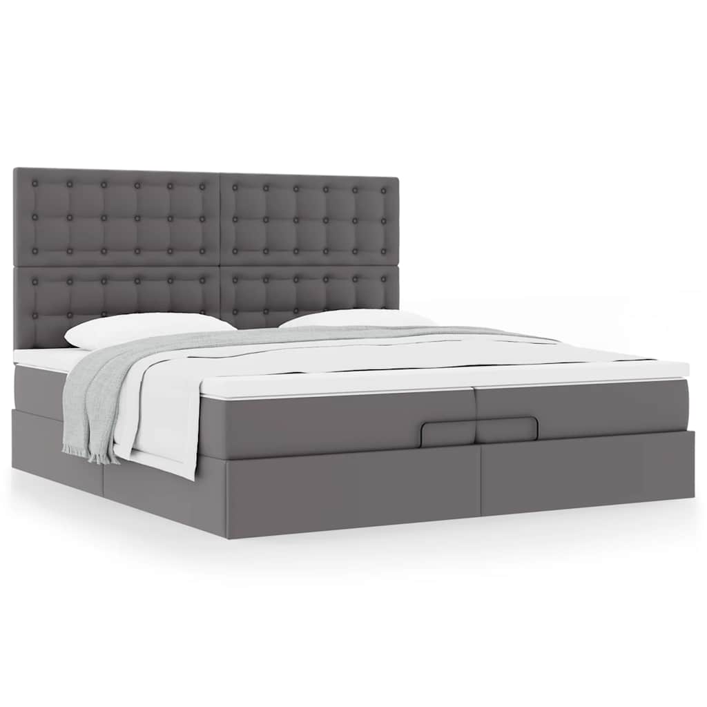 Estrutura de cama otomana com colchão cinza couro falso