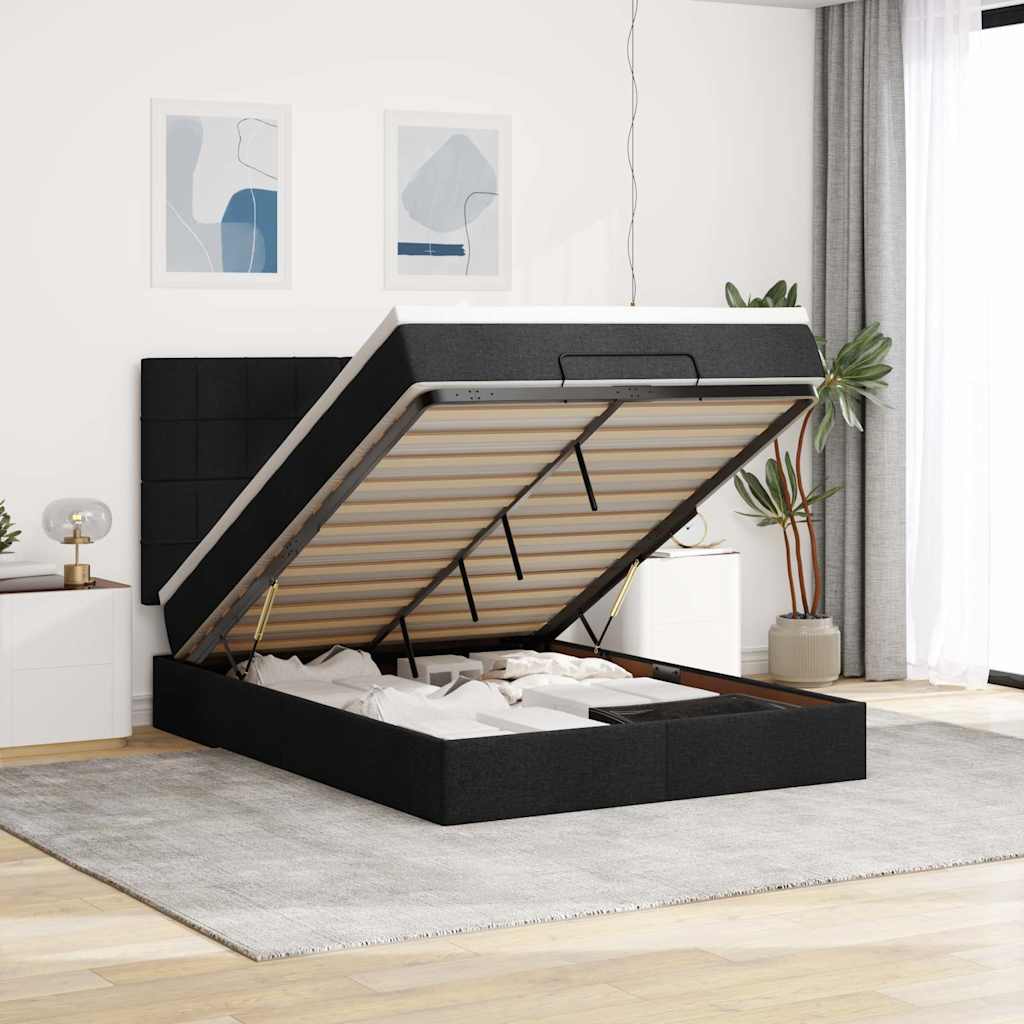 Estrutura de cama otomana com colchão 140x190 cm tecido preto