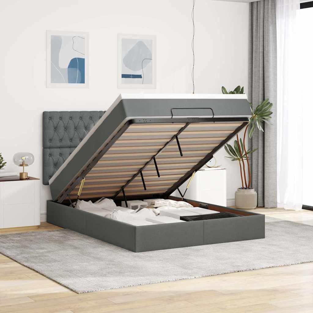 Estrutura de cama otomana com colchão 140x190cm cinzento escuro