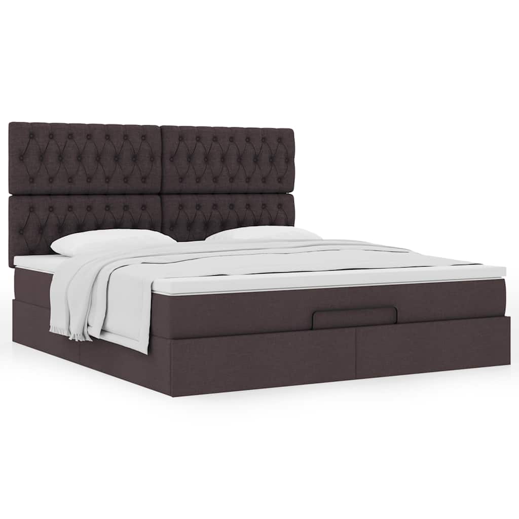Estrutura de cama otomana com colchão tecido castanho escuro