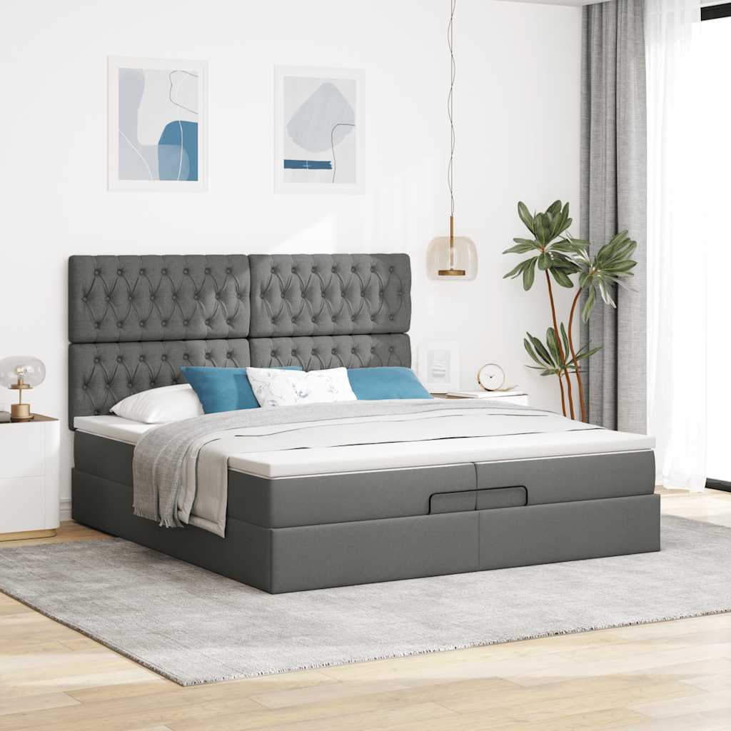 Estrutura de cama otomana com colchões tecido cinzento escuro
