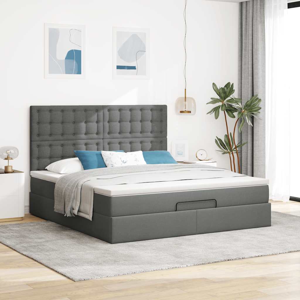 Estrutura de cama otomana com colchão tecido cinzento escuro