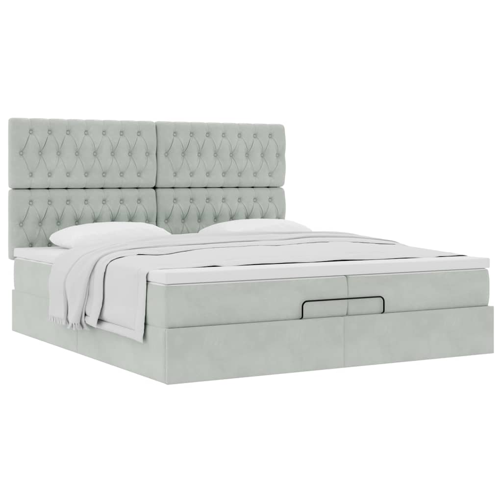 Estrutura cama otomana colchões 200x200cm veludo cinzento claro
