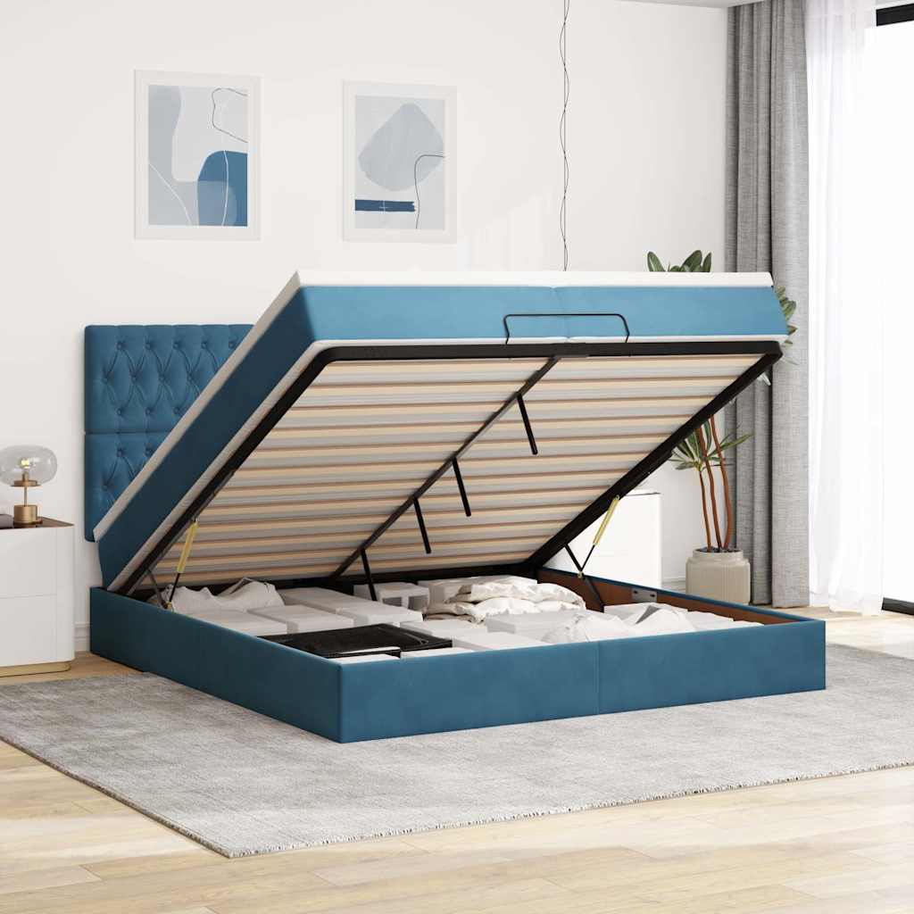 Estrutura de cama otomana com colchão azul escuro Veludo