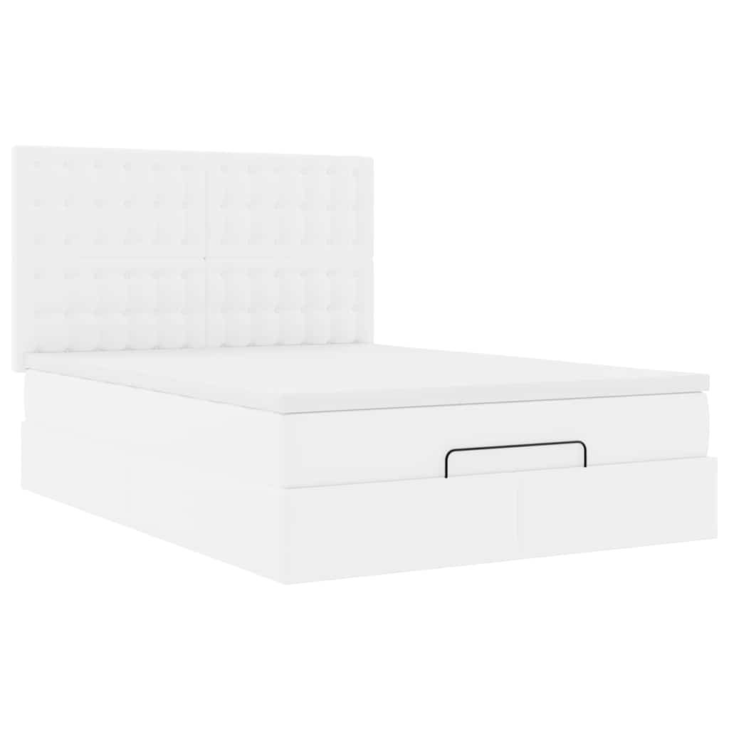 Estrutura de cama otomana com colchão branco couro falso