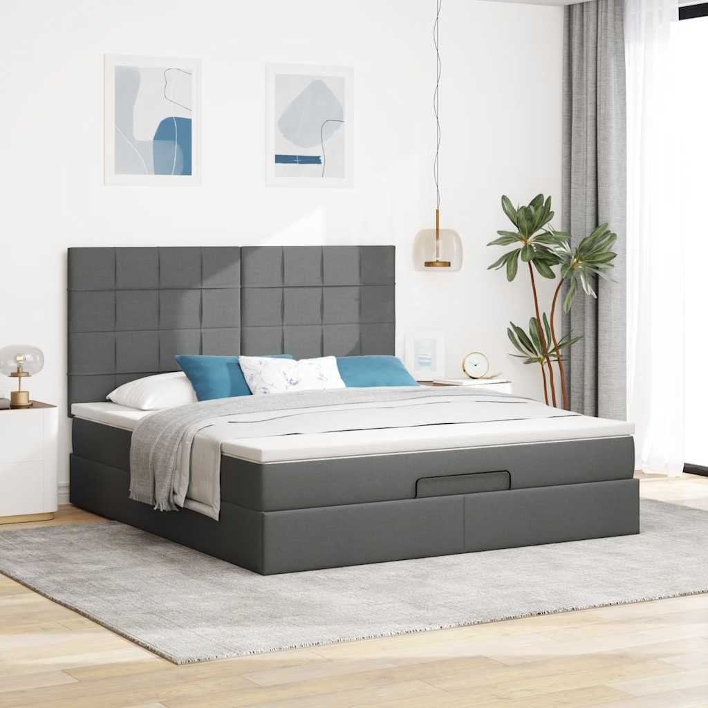Estrutura de cama otomana com colchão tecido cinzento escuro