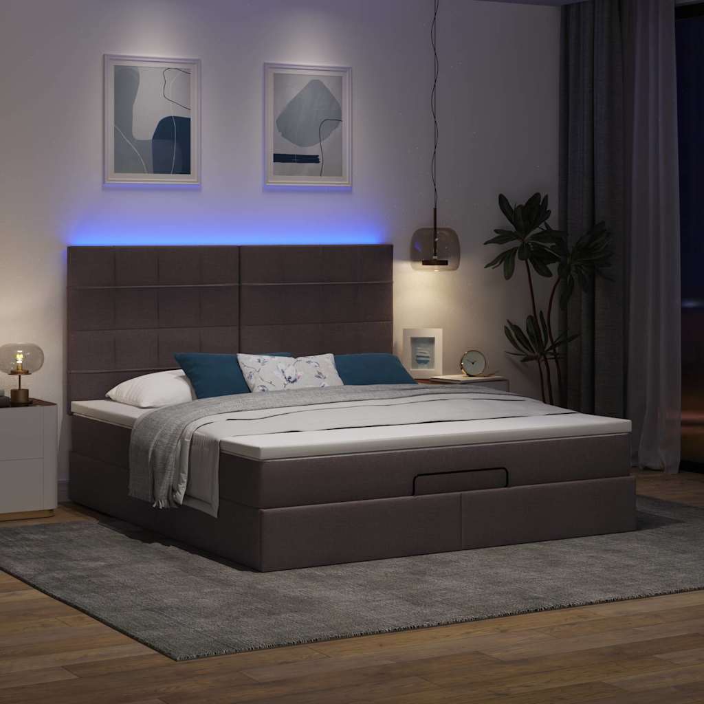Estrutura de cama otomana com colchão tecido castanho escuro