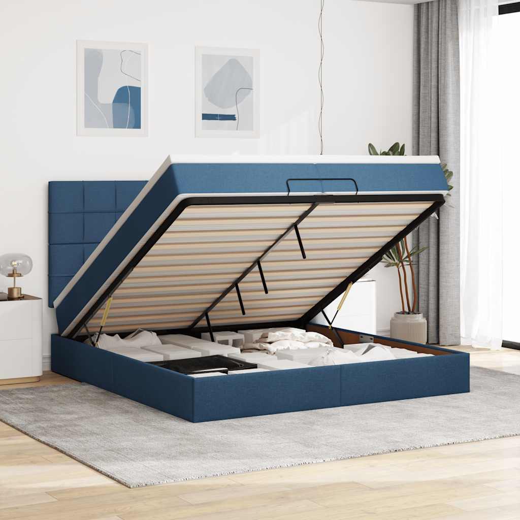 Estrutura de cama otomana com colchões 200x200cm tecido azul