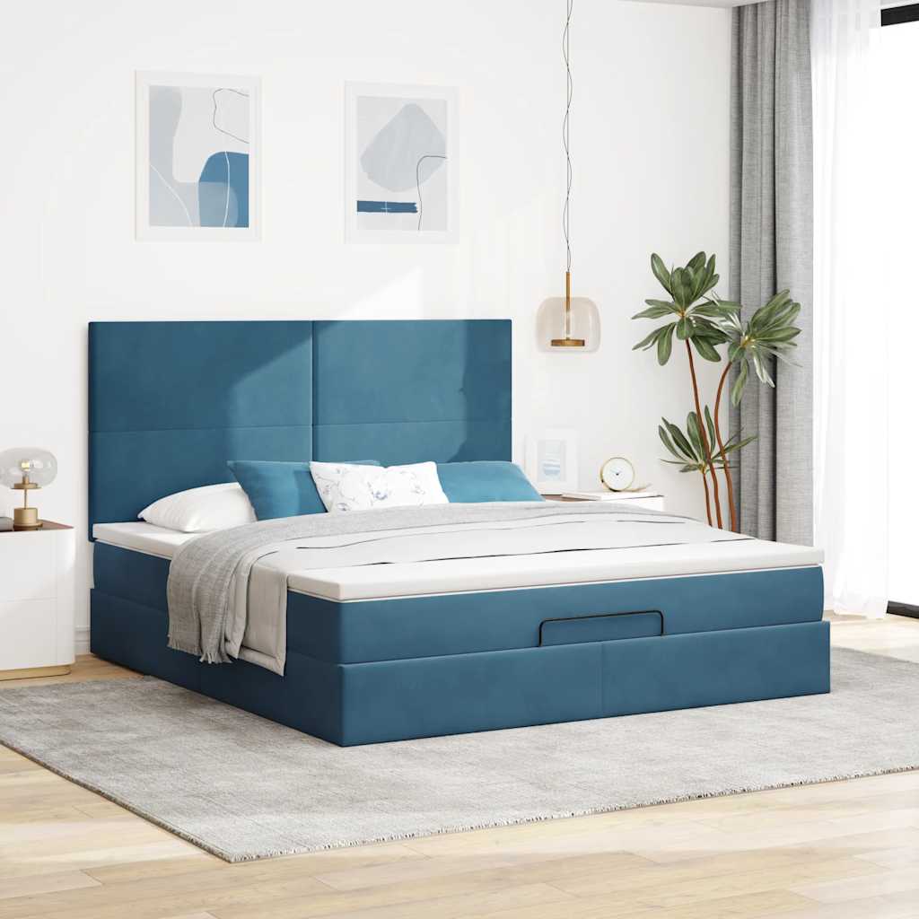Estrutura cama otomana colchões 180x200 cm veludo azul escuro