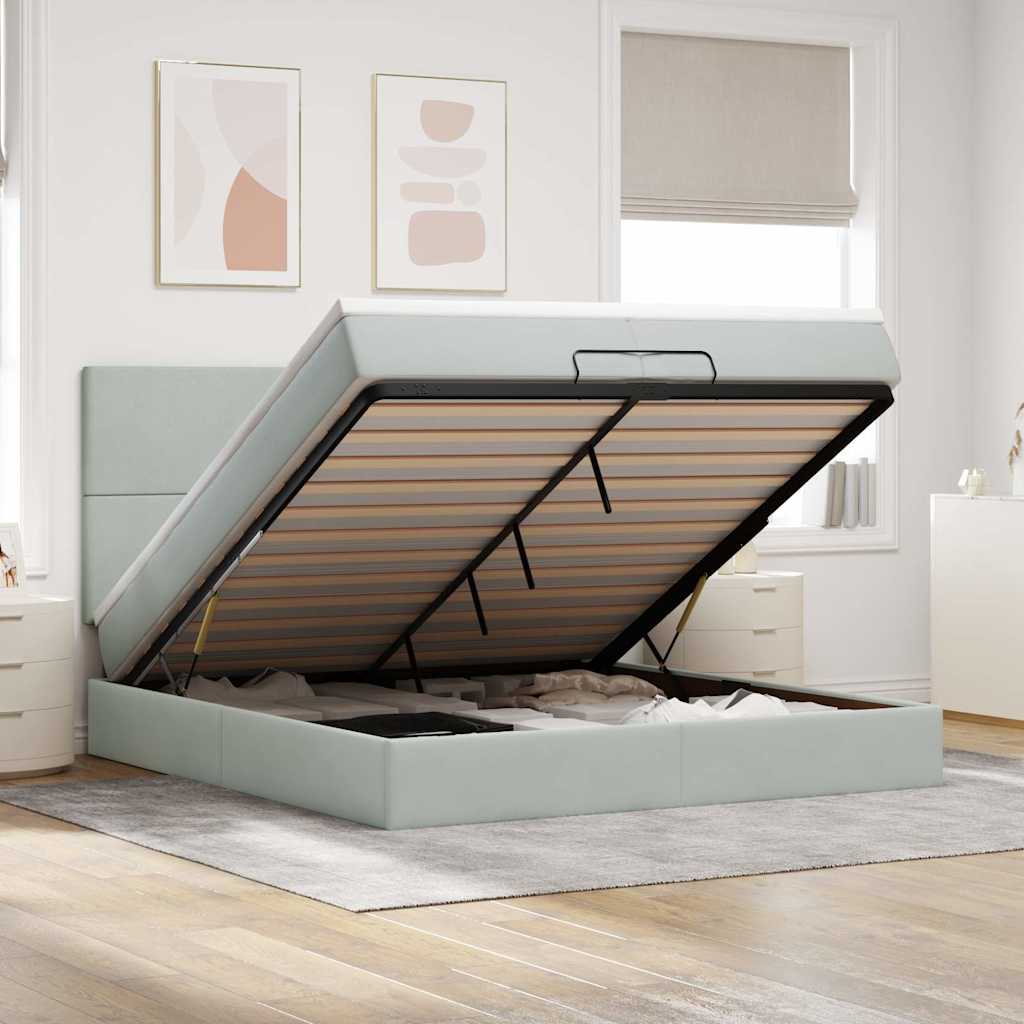 Estrutura cama otomana colchões 200x200cm veludo cinzento claro
