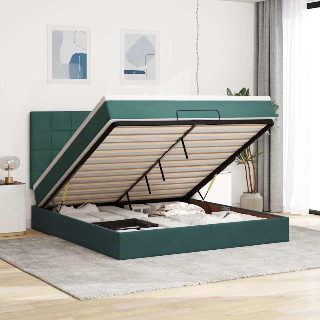 Estrutura de cama otomana com colchão verde escuro veludo