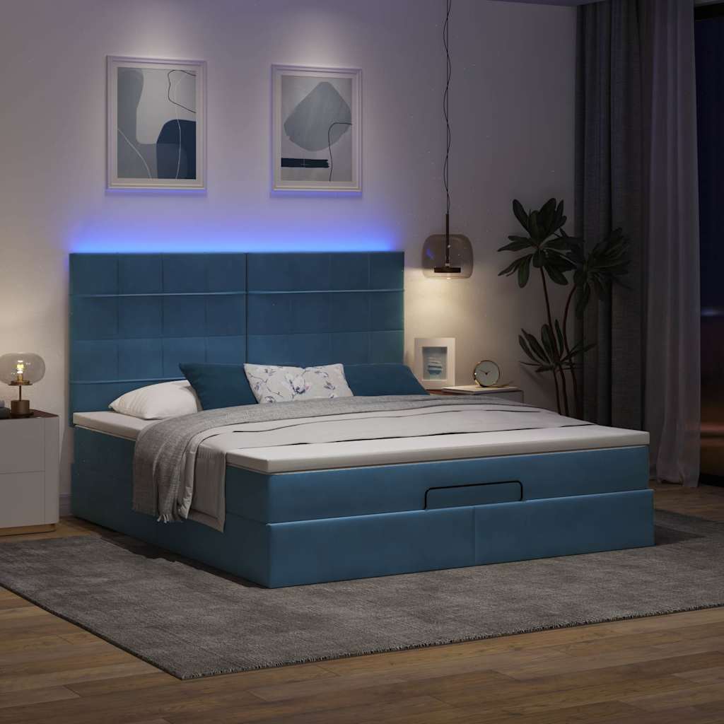 Estrutura de cama otomana com colchão azul escuro veludo