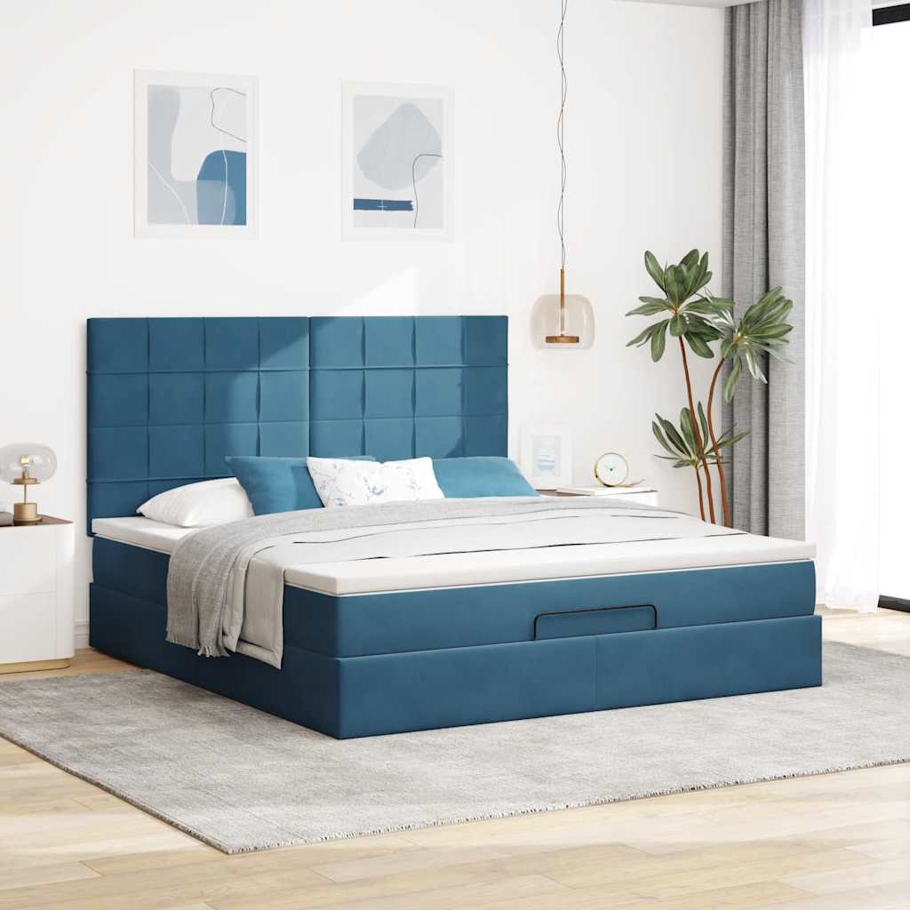 Estrutura cama otomana colchões 180x200 cm veludo azul escuro