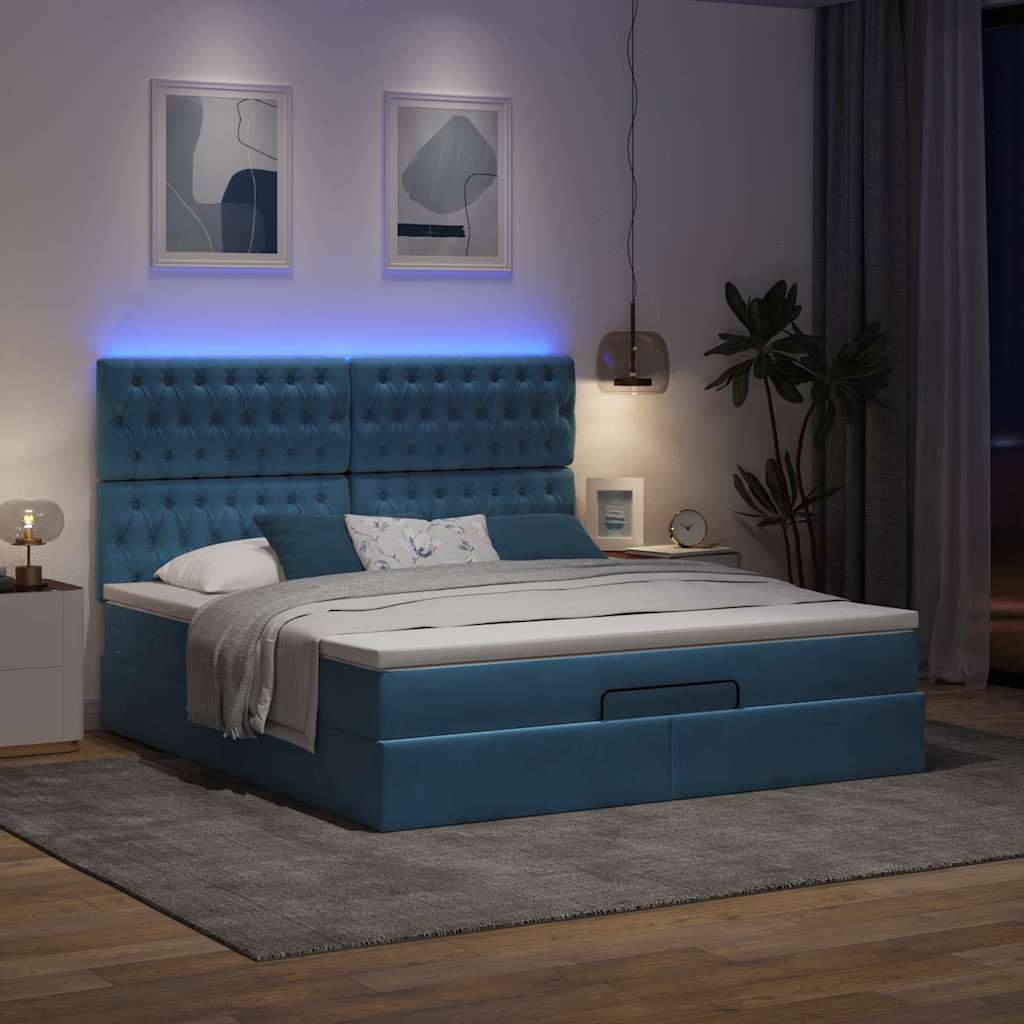 Estrutura de cama otomana com colchão azul escuro veludo