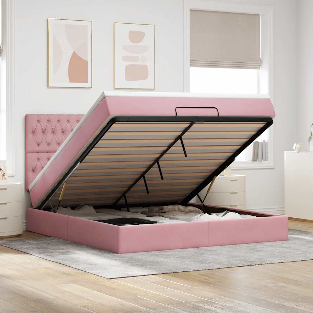 Estrutura de cama otomana com colchões 160x200 cm veludo rosa