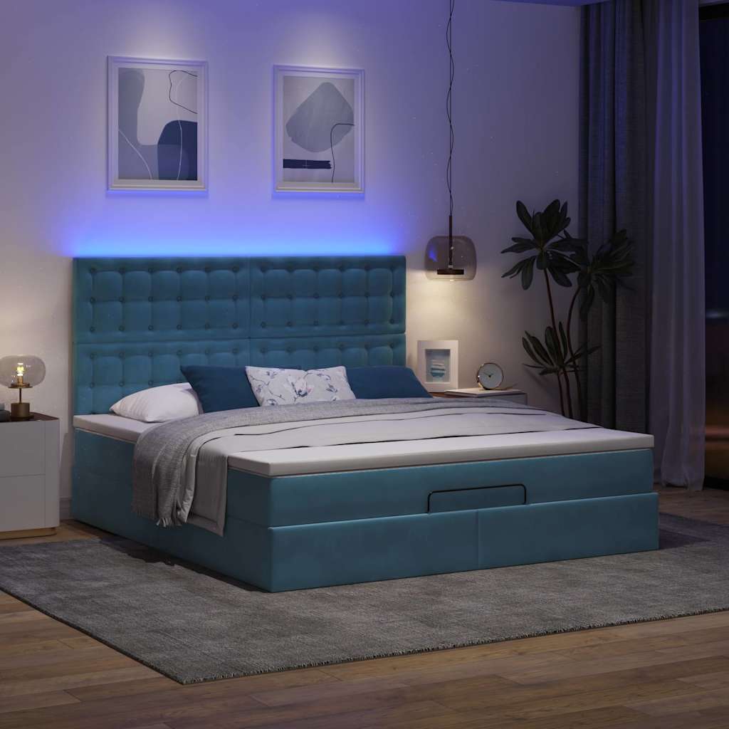 Estrutura de cama otomana com colchão azul escuro veludo