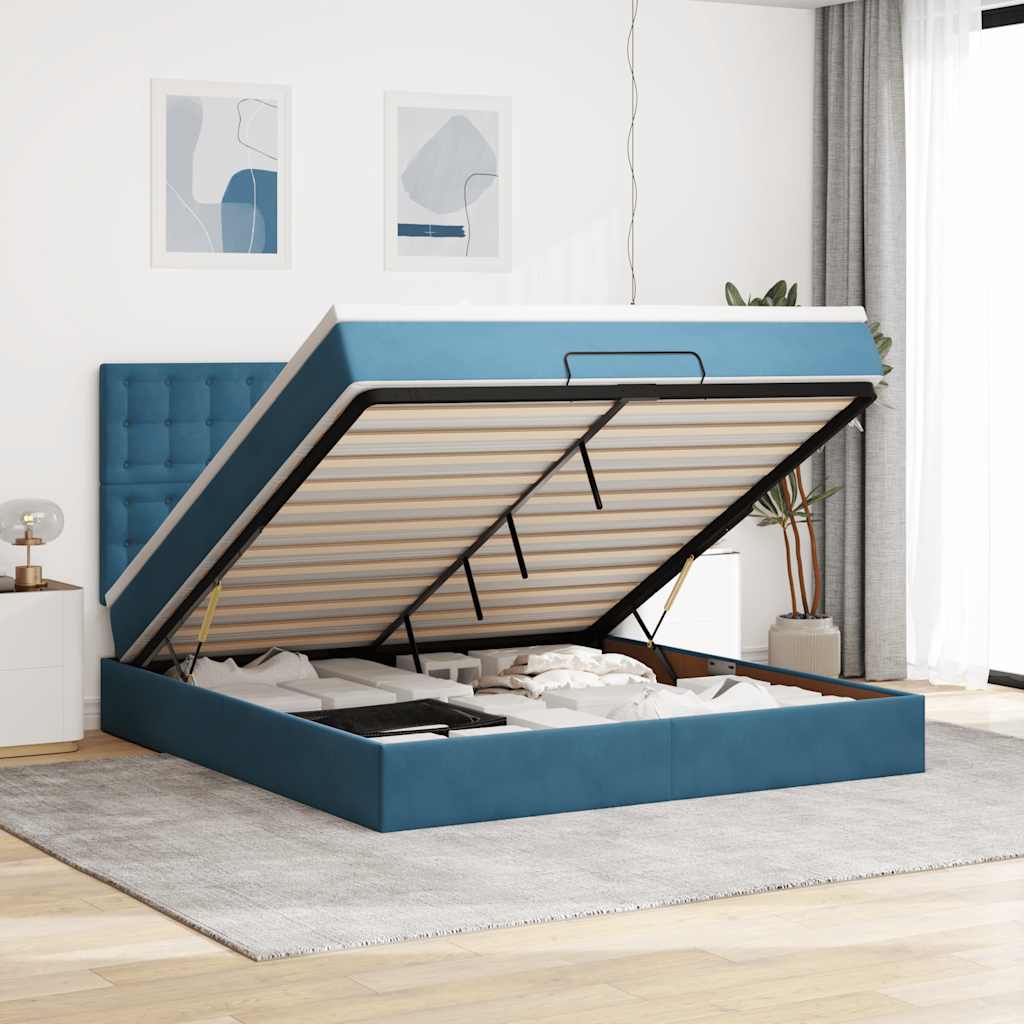Estrutura cama otomana colchões 180x200 cm veludo azul escuro