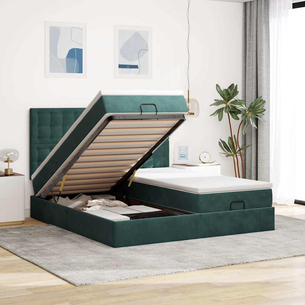 Estrutura de cama otomana com colchão verde escuro veludo
