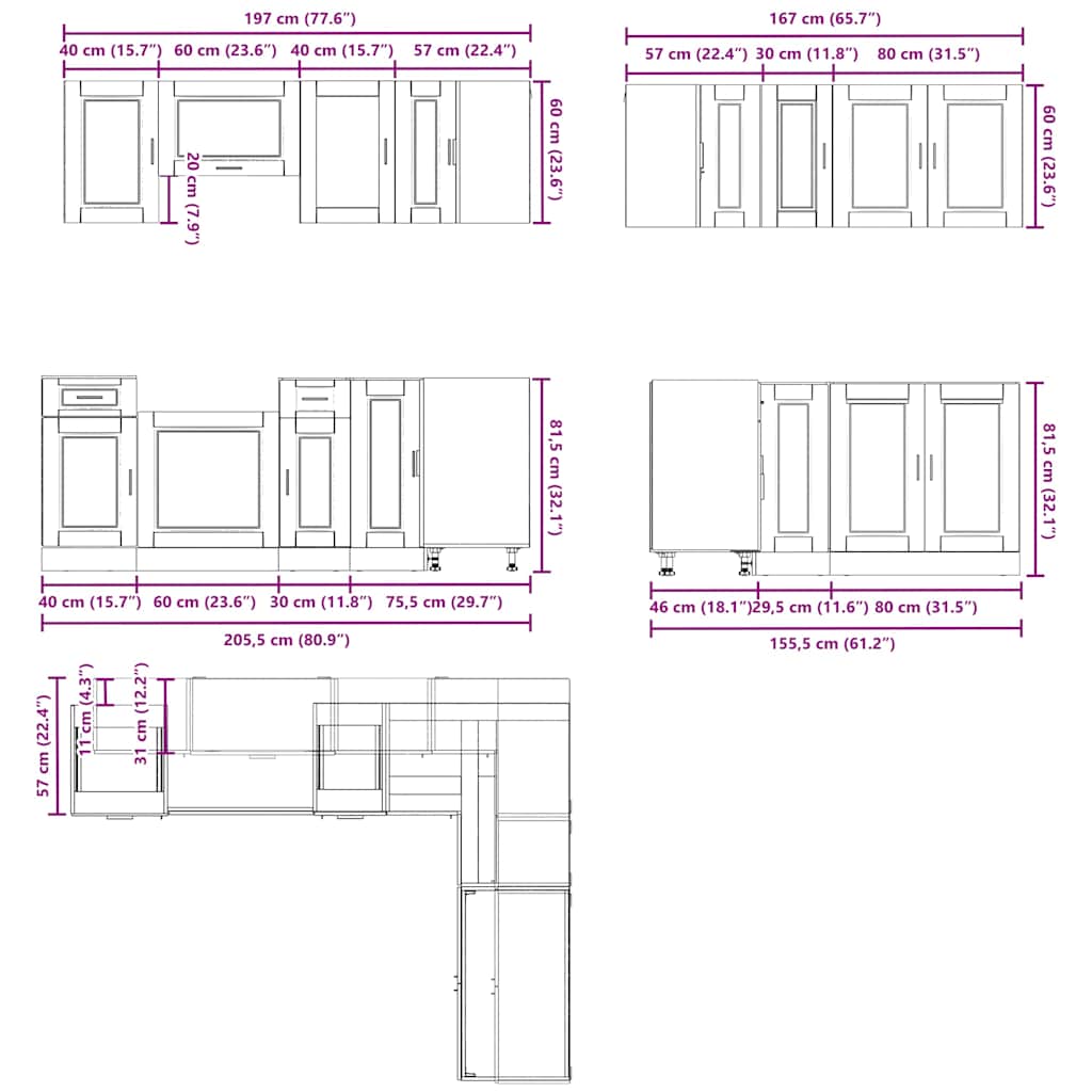 11 peças armário de cozinha conjunto Porto branco