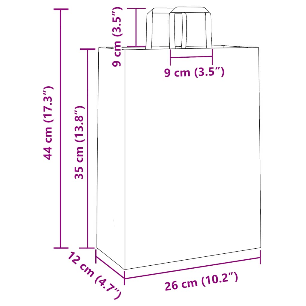 Sacos de papel 250 unid com alças rosa 26x12x35 cm