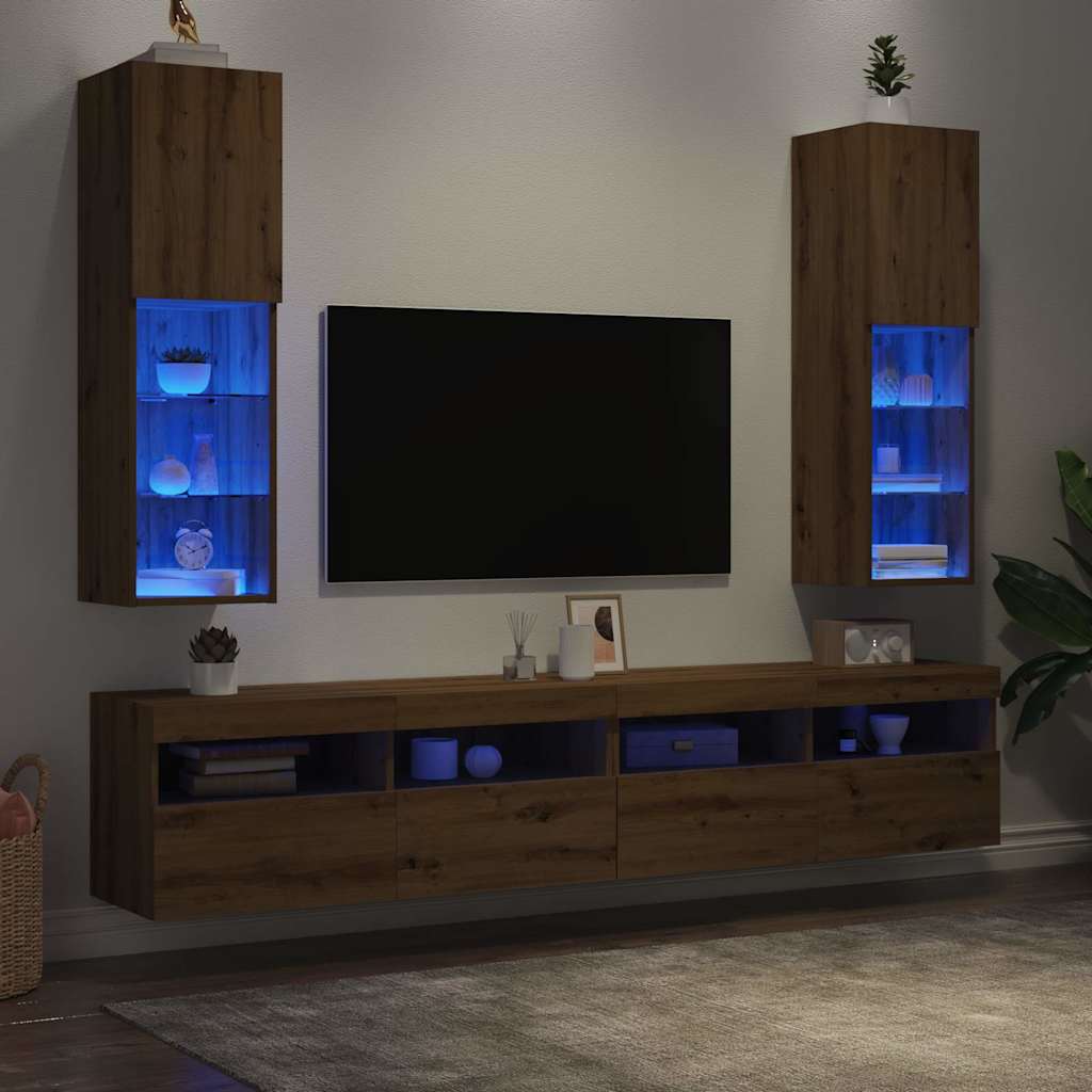 Móveis de TV c/ luzes LED 2pcs 30,5x30x102cm carvalho artisiano