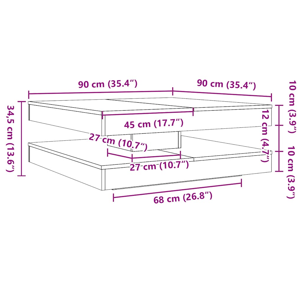 Mesa centro rotativa a 360graus 90x90x34,5cm carvalho artisiano