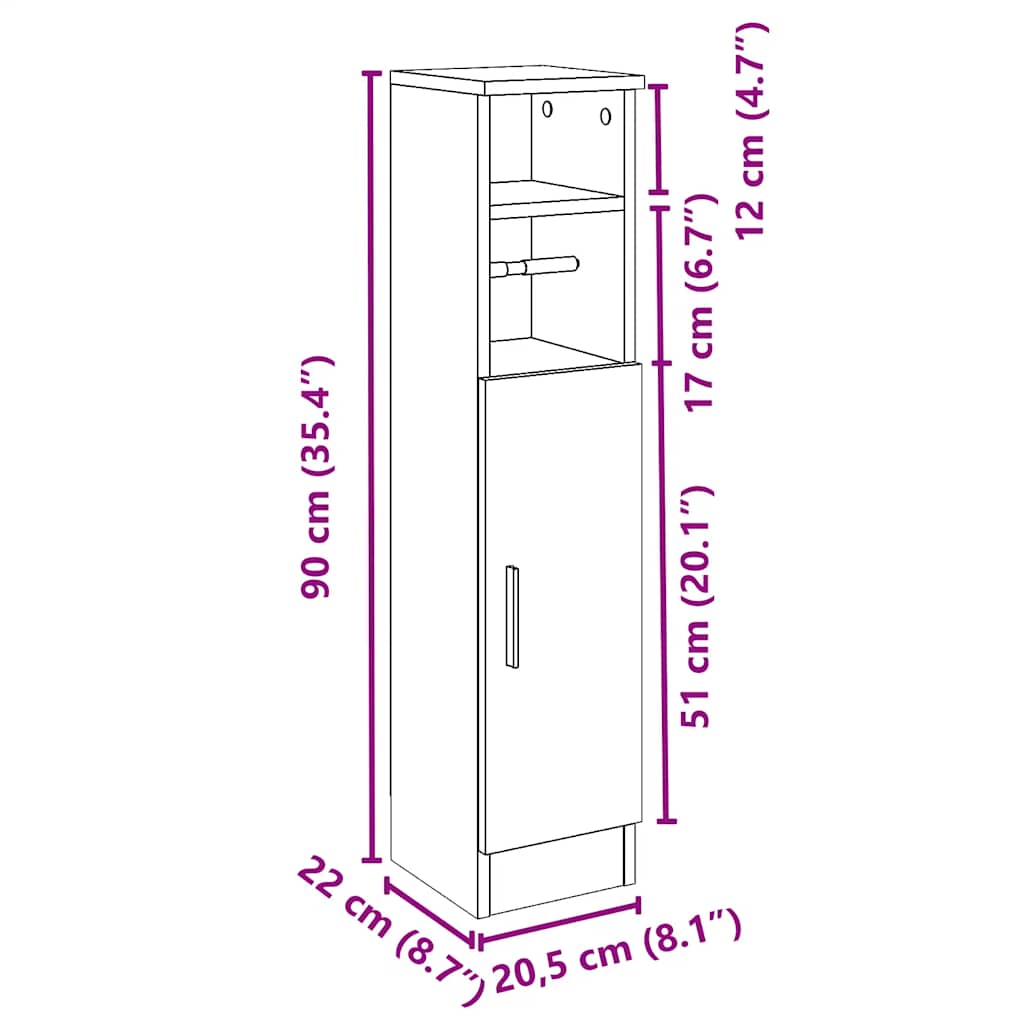 Móvel p/ casa banho c/ suporte rolos 20,5x22x90 cm sonoma cinza