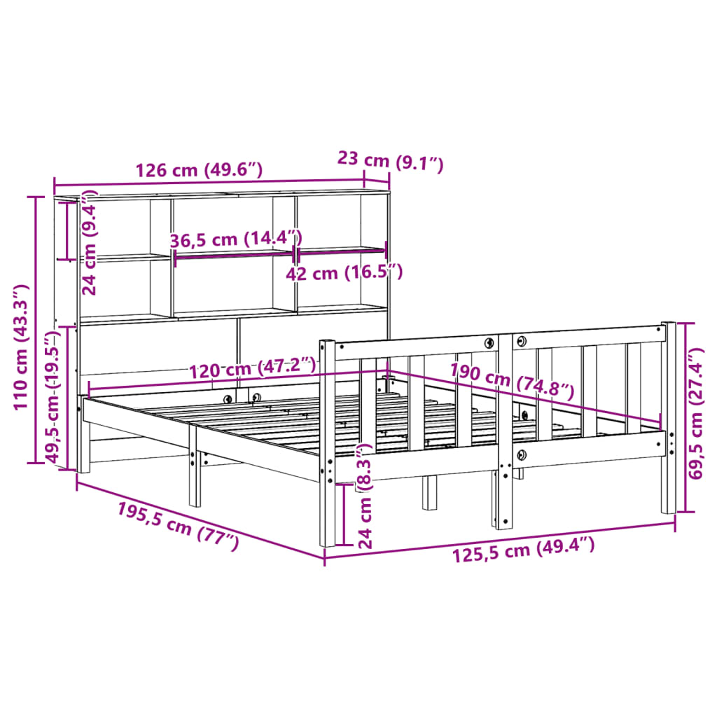 Cama com estante sem colchão 120x190 cm pinho maciço