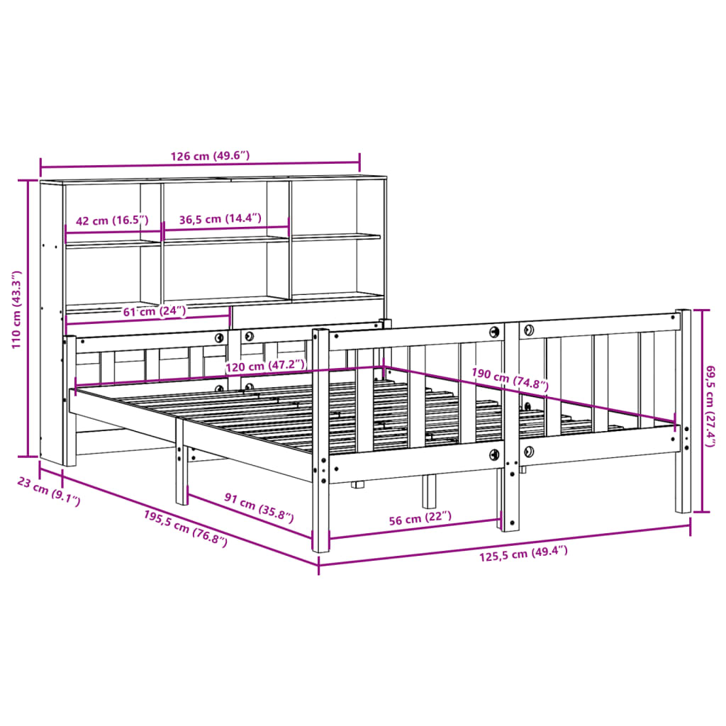 Cama com estante sem colchão 120x190 cm pinho maciço