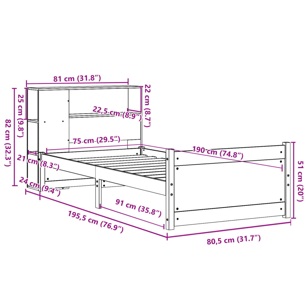 Cama com estante sem colchão 75x190 cm pinho maciço branco