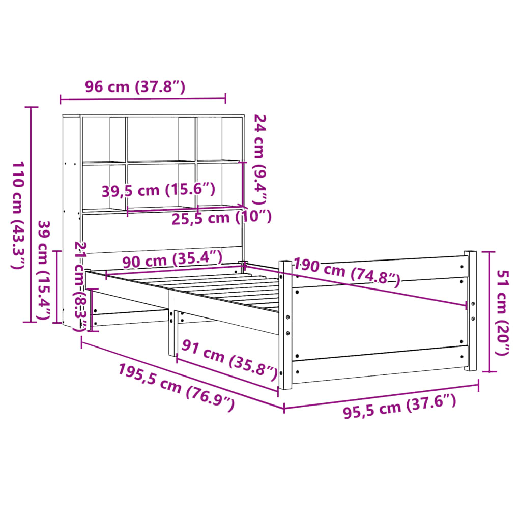 Cama com estante sem colchão 90x190 cm pinho maciço branco