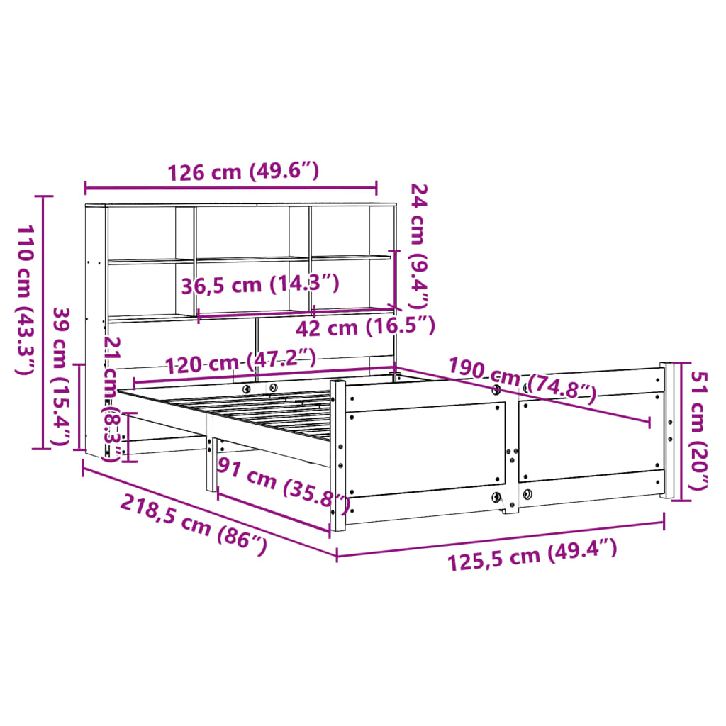 Cama com estante sem colchão 120x190 cm pinho maciço