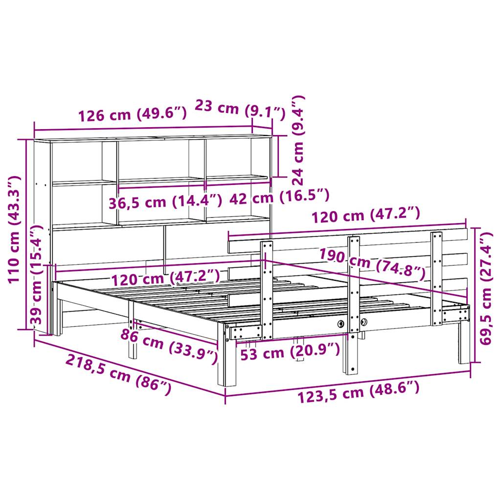 Cama com estante sem colchão 120x190 cm pinho maciço