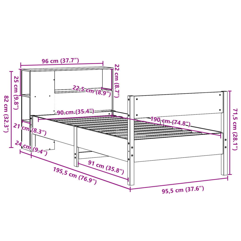 Cama com estante sem colchão 90x190 cm pinho maciço