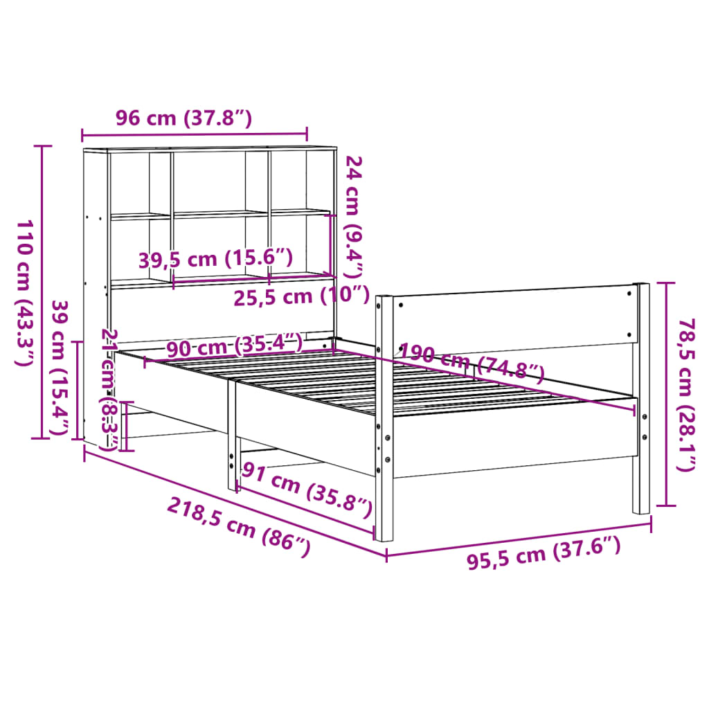 Cama com estante sem colchão 90x190 cm pinho maciço branco