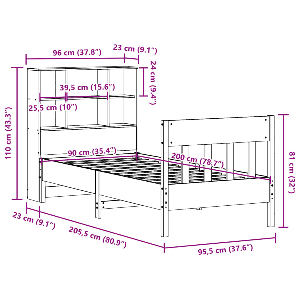 Cama sem colchão 90x200 cm madeira de pinho maciça branco