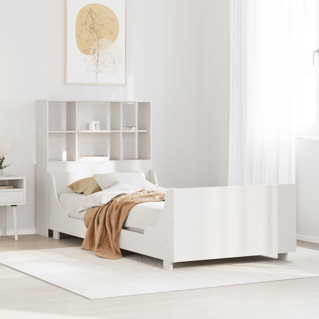 Cama com estante sem colchão 90x200 cm madeira maciça branco