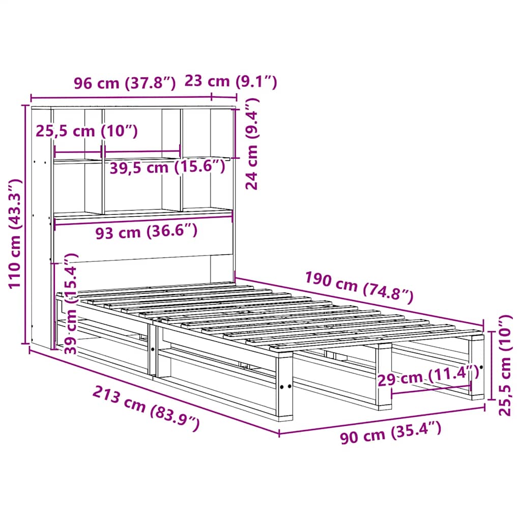 Cama com estante sem colchão 90x190 cm madeira maciça branco