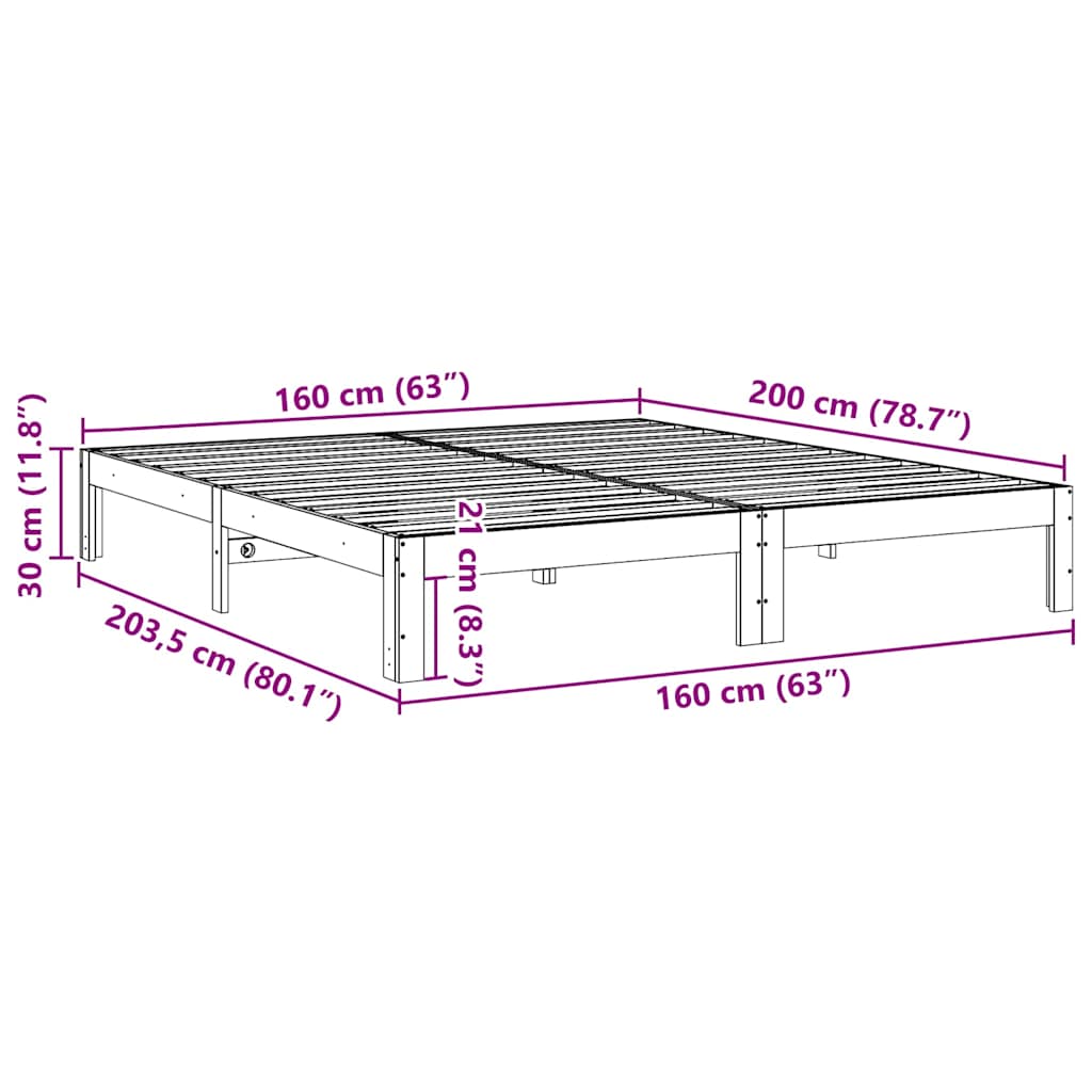Cama sem colchão 160x200 cm madeira de pinho maciça branco