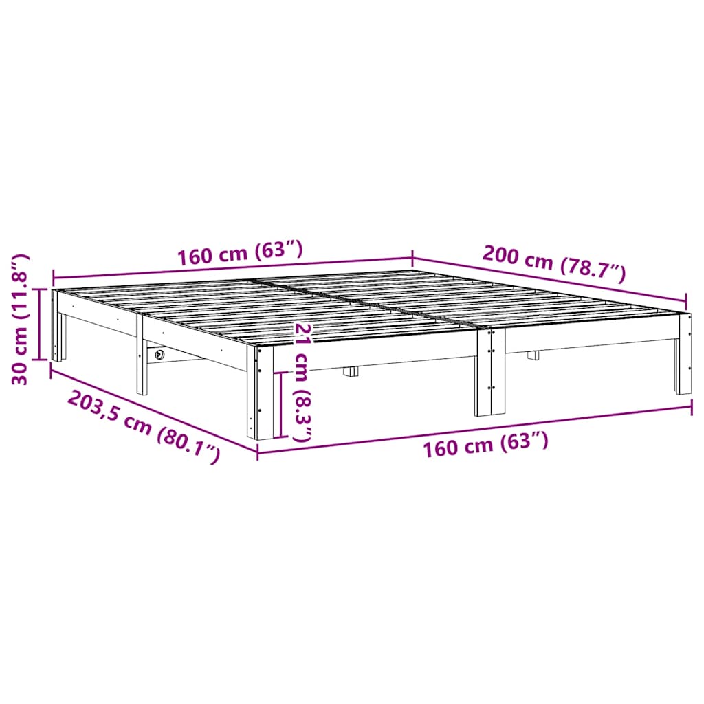 Cama sem colchão 160x200 cm madeira pinho maciço castanho-mel