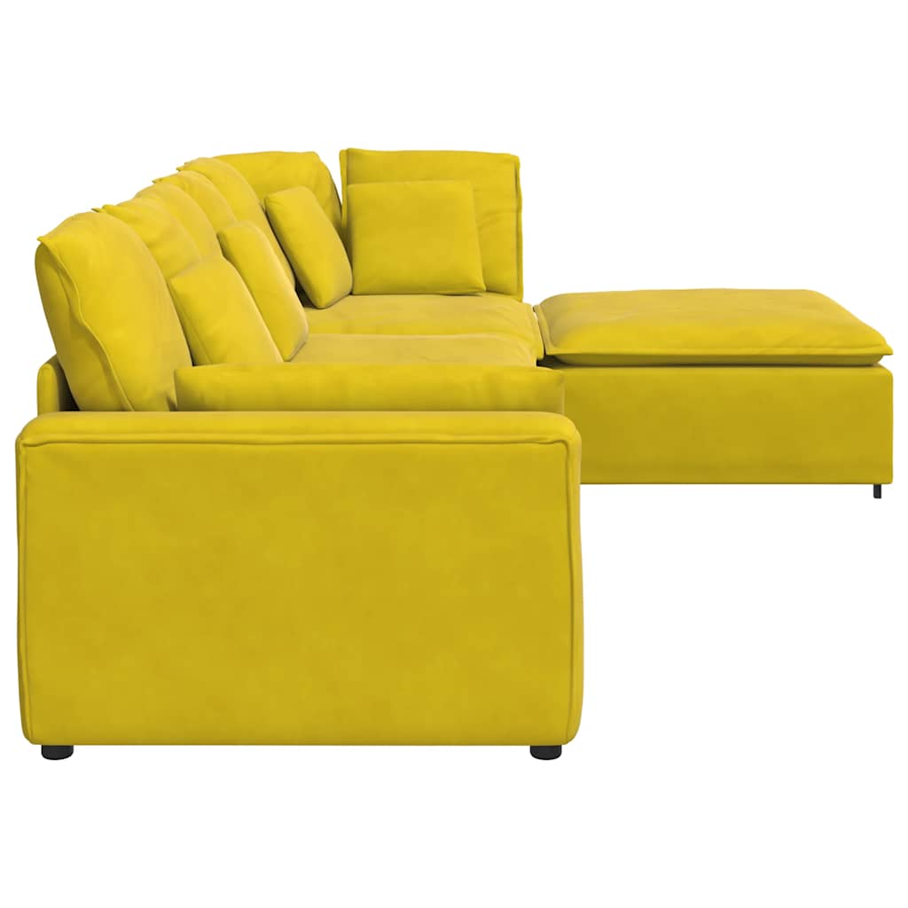Sofá modular com pufes e almofadas veludo amarelo