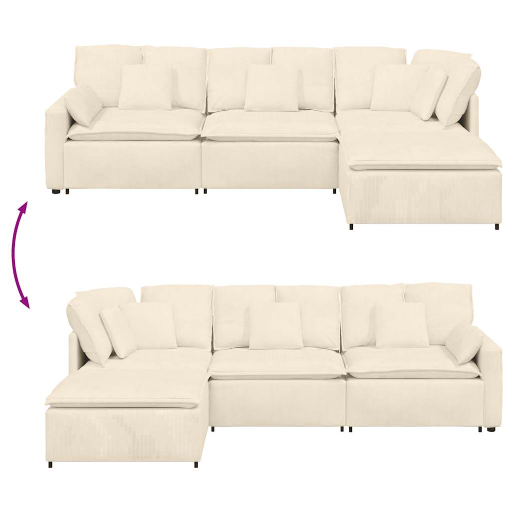 Sofá modular com pufes e almofadas tecido corduroy creme