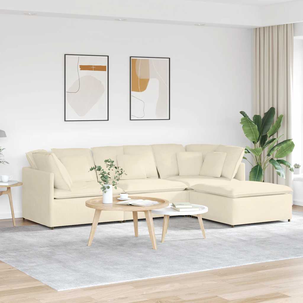 Sofá modular com pufes e almofadas tecido corduroy creme